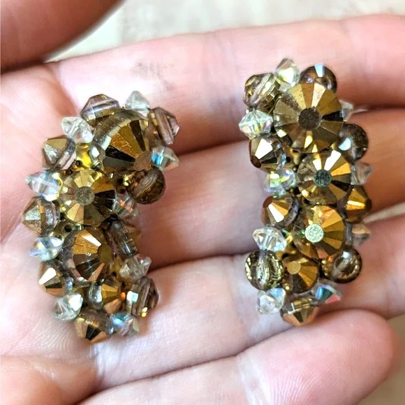 Hobe Gold Beaded AB Aurora Borealis Crystal Crescent Earrings Signed Vintage - Picture 6 of 10